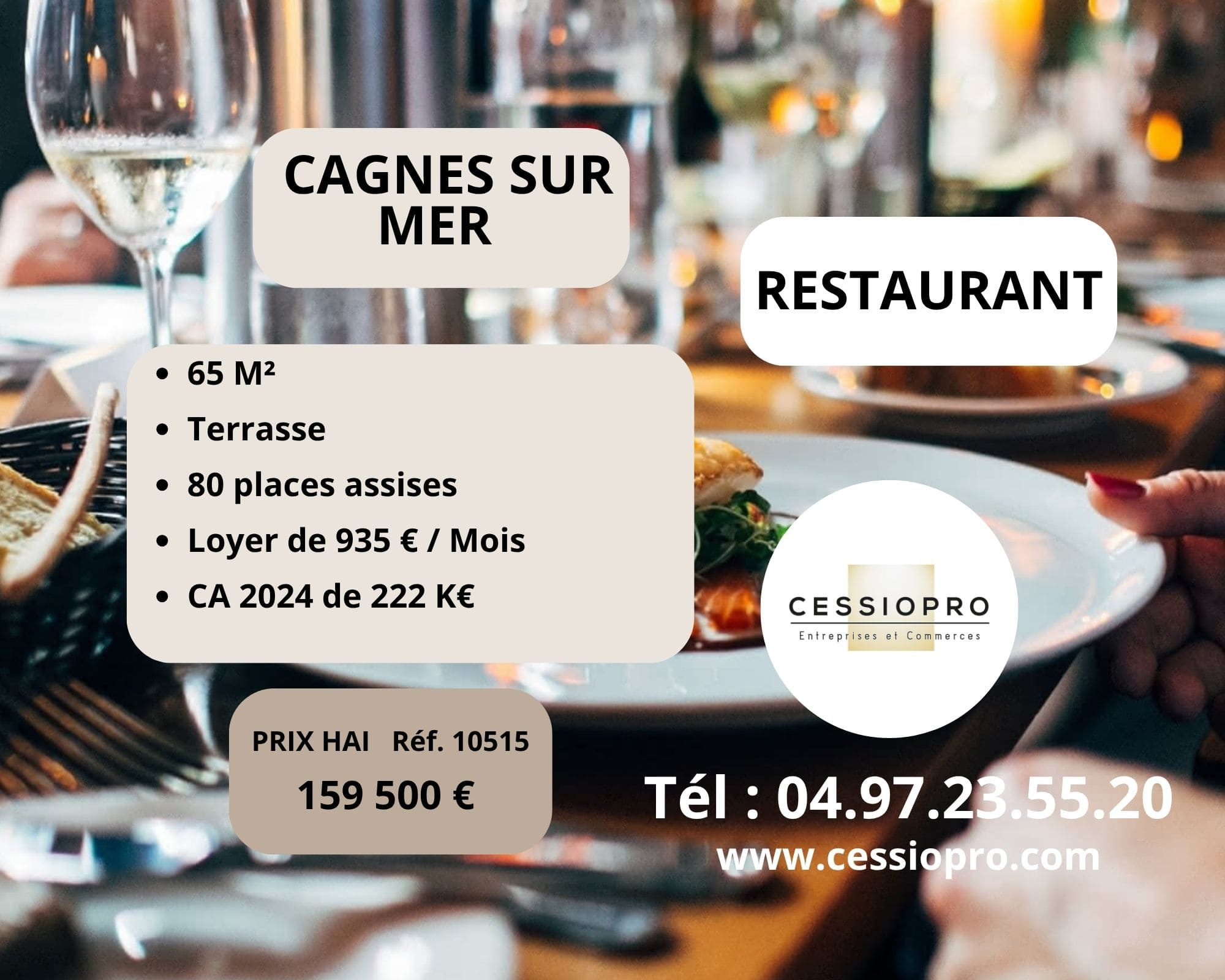RESTAURANT TRADITIONNEL 65M2 , 80 Places assises Secteur CAGNES SUR MER