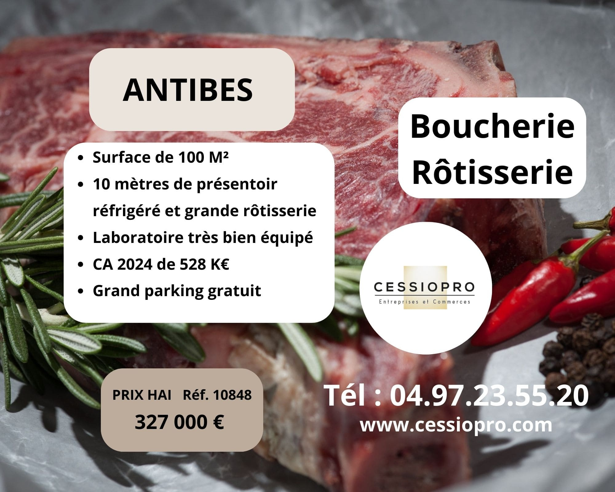 Antibes, boucherie - rôtisserie de 100m2, parking, galerie commerciale.