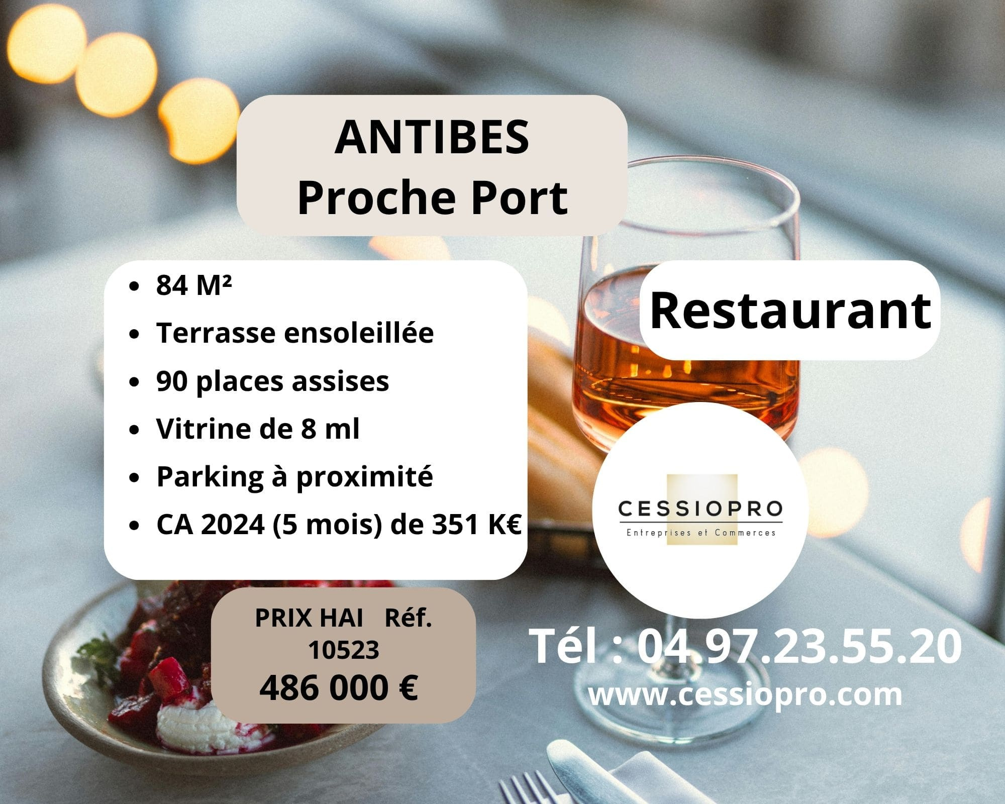 Antibes, restaurant proche du port, terrasse ensoleillée, parkings.
