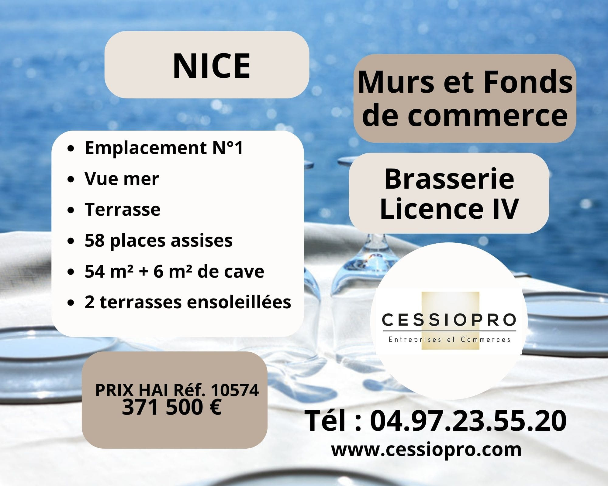 Murs et fonds de commerce de brasserie- Licence IV- avec vue mer à Nice