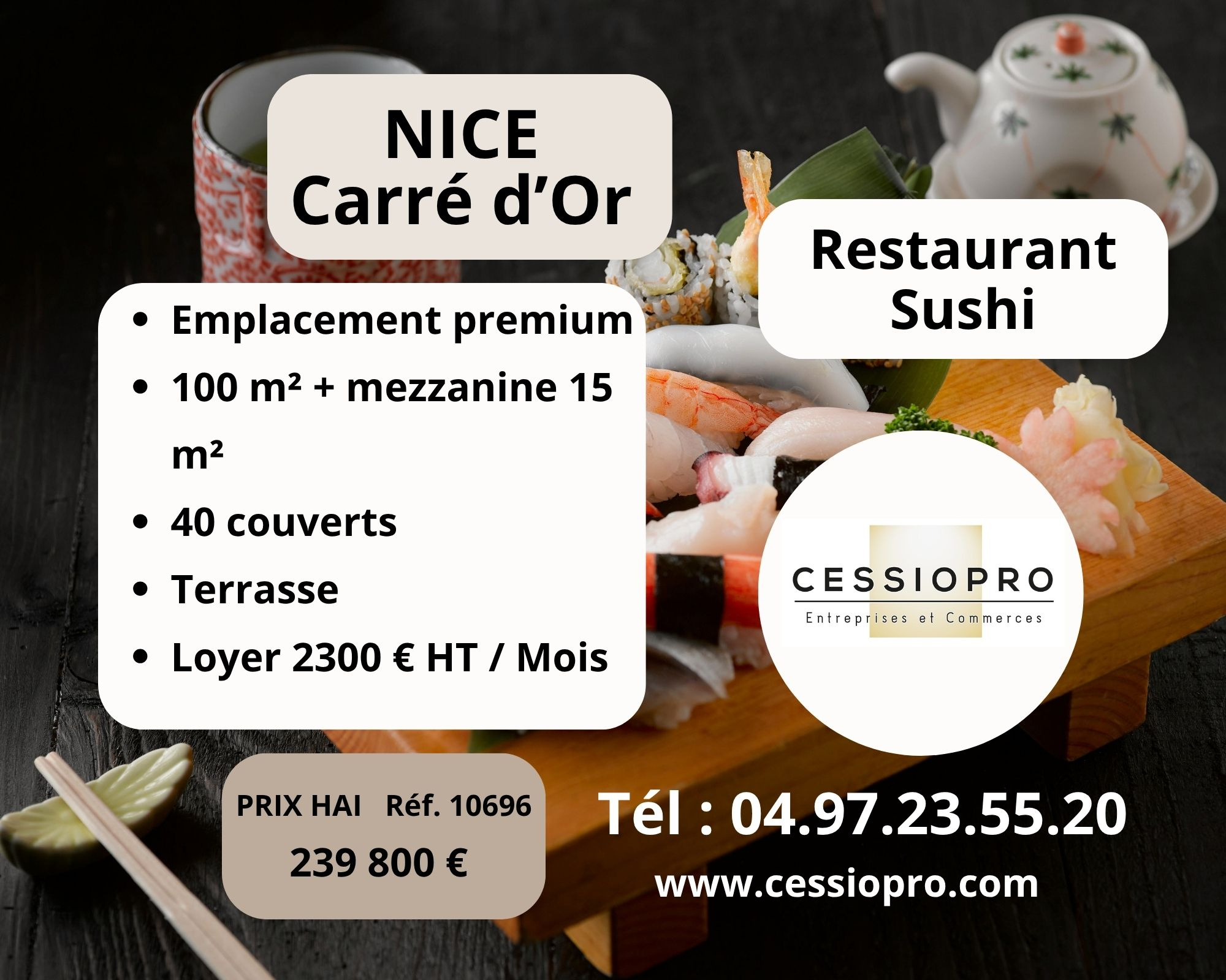 Restaurant sushi 100m2 avec emplacement premium dans le carré d’or à Nice