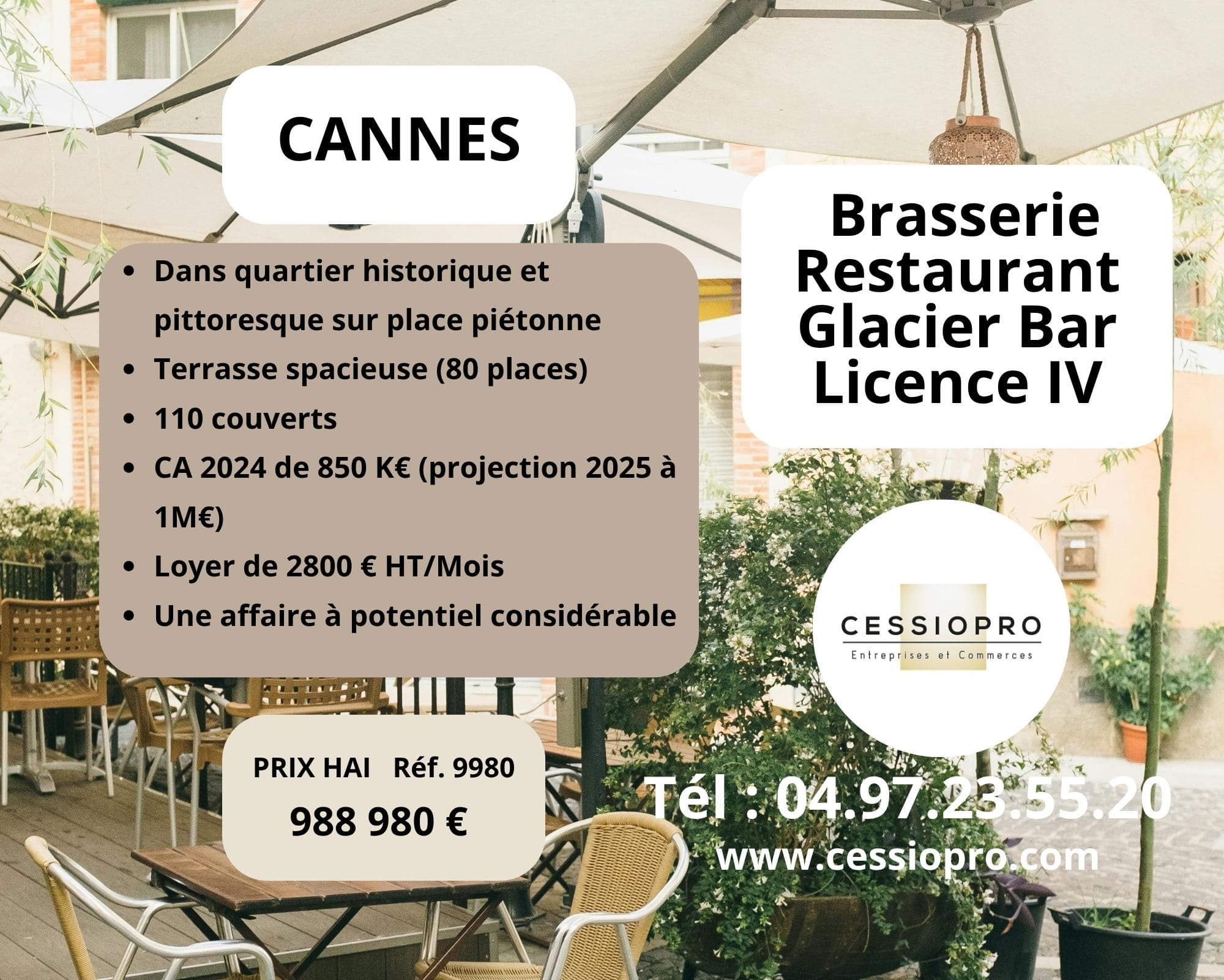 A CANNES, BRASSERIE-RESTAURANT-GLACIER-BAR AVEC LICENCE IV, TERRASSE 80 PLACES